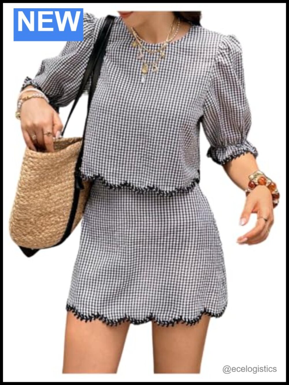 Verdusa 2 Piece Gingham Set Puff Sleeve Top A-Line Skirt Co-ord